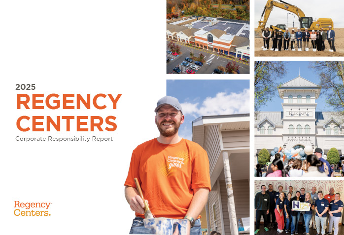 Cover of the 2025 Regency Centers Corporate Responsibility Report featuring photos of smiling people and shopping centers.