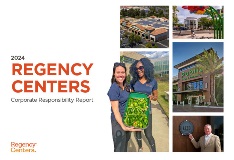 Cover of the 2024 Regency Centers Corporate Responsibility Report featuring photos of smiling people and shopping centers.