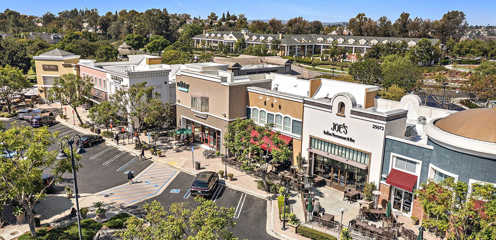 Birds-eye view of shops and restaurants in Mission Viejo, California.