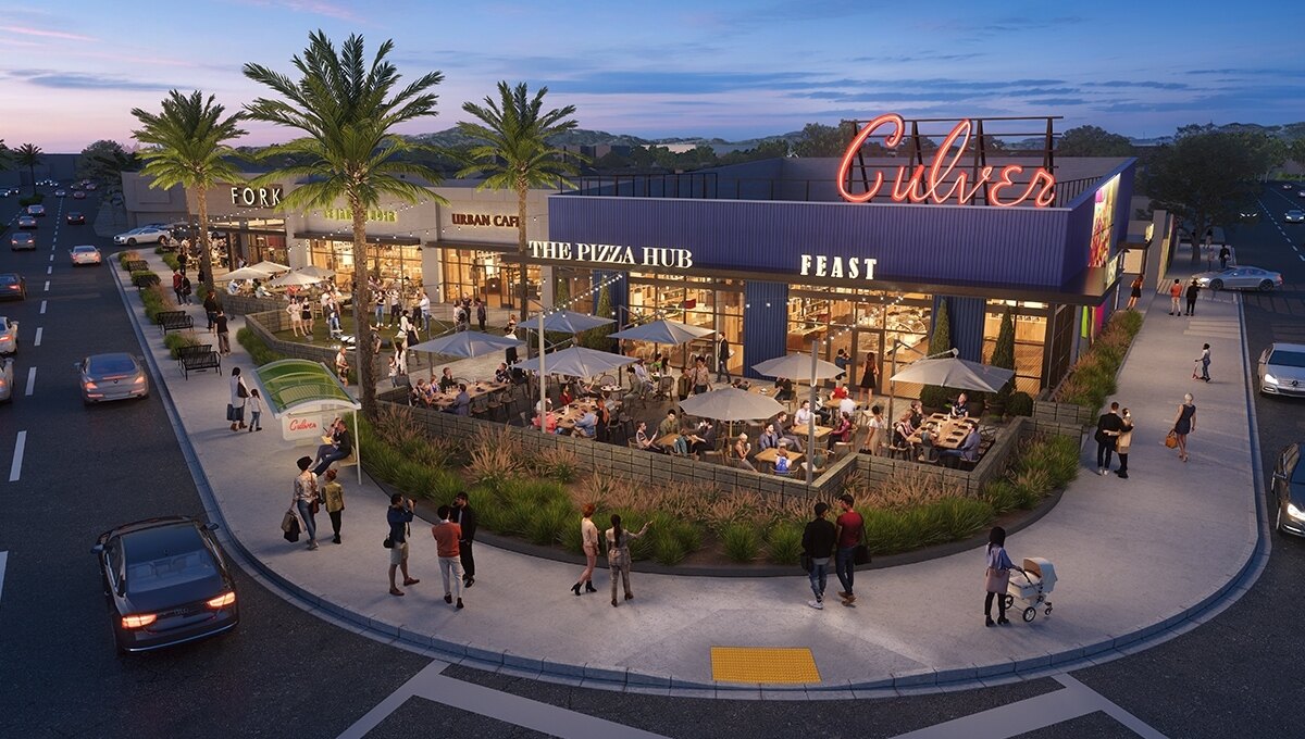 Concept rendering of Culver Commons, featuring varied dining options and the storied Culver Theatre neon sign.
