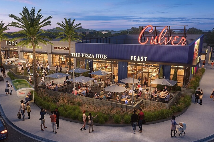 Concept rendering of Culver Commons, featuring varied dining options and the storied Culver Theatre neon sign.