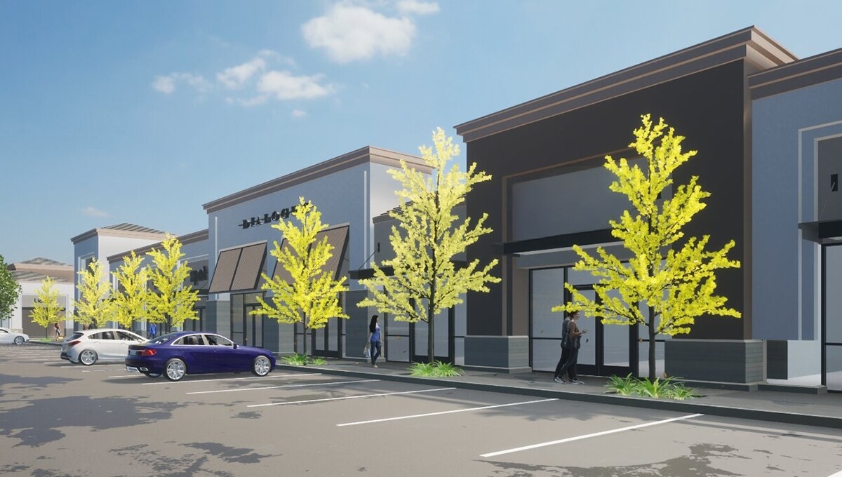 Rendering of Oak Valley Village, showing shoppers walking on a sidewalk in front of retail stores.