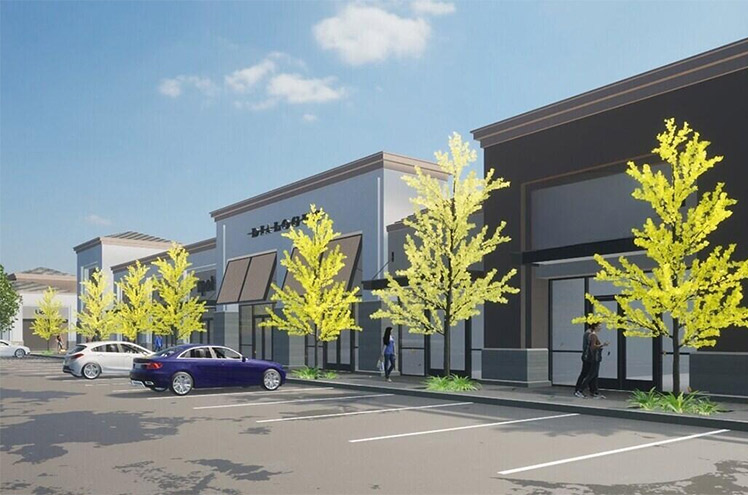 Rendering of Oak Valley Village, showing shoppers walking on a sidewalk in front of retail stores.