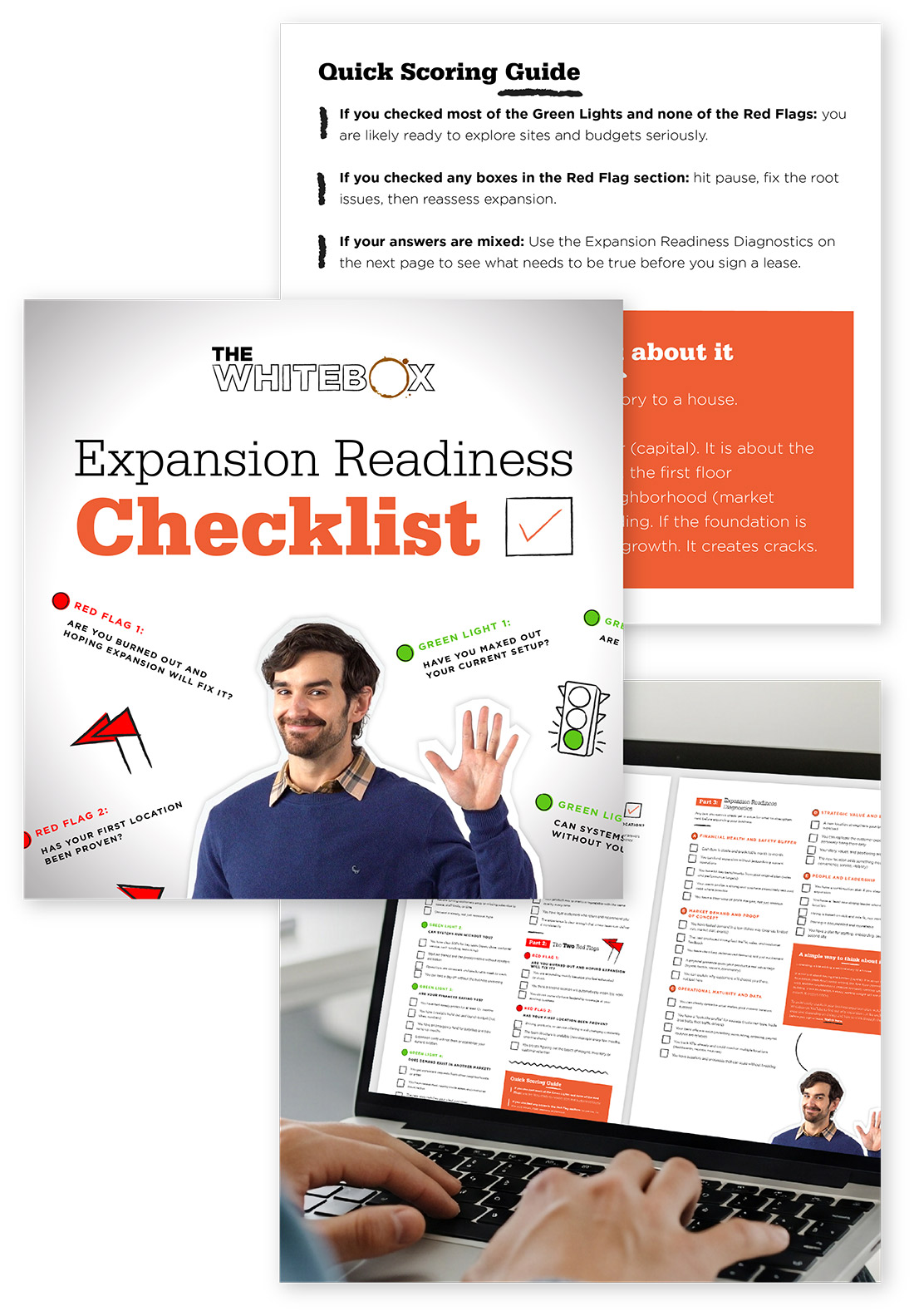 Promotional image for The Whitebox Expansion Readiness Checklist, a multi-page guide for retail tenants evaluating whether they are ready to open a second location, featuring a quick scoring guide with green light and red flag criteria.