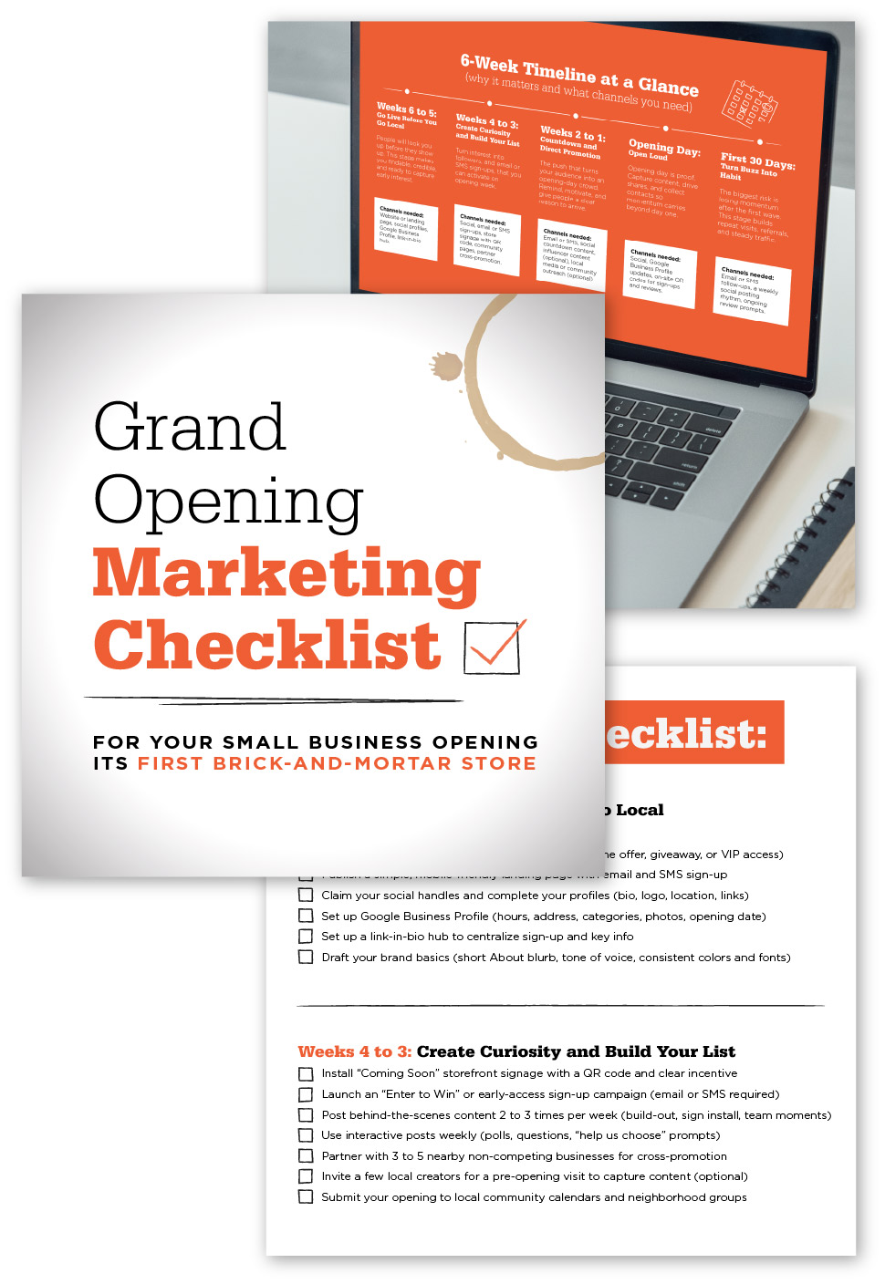 Image showing a grand opening checklist. In the background is an image of a laptop computer showing a detailed graphic of the checklist.