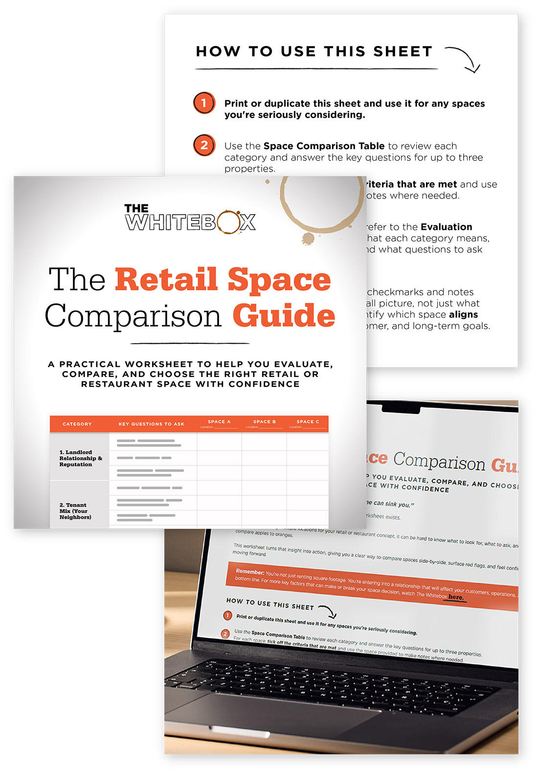 Promotional image for The Whitebox Retail Space Evaluation Guide, a multi-page guide for retail tenants evaluating, comparing, and choosing the right retail or restaurant space.